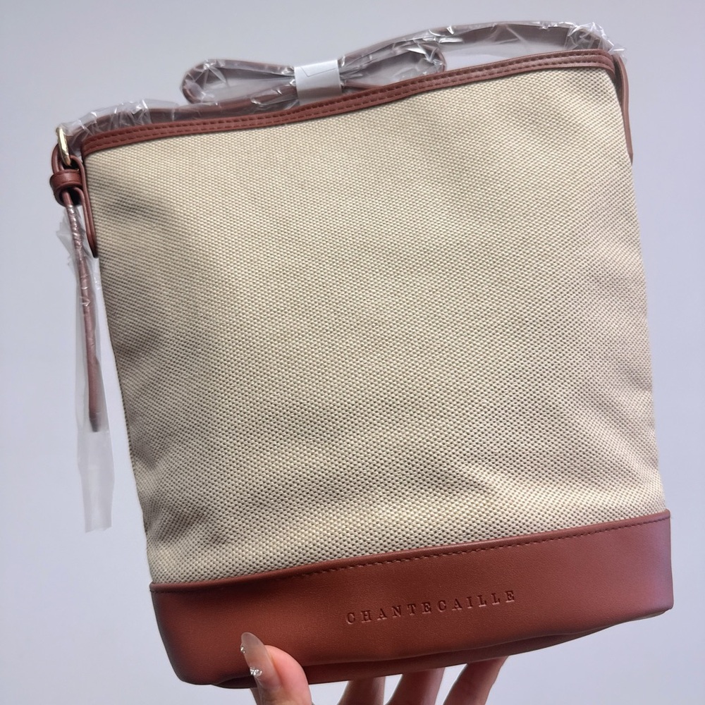 New Chantecaille Cream and Brown Bucket Cross Bodybag